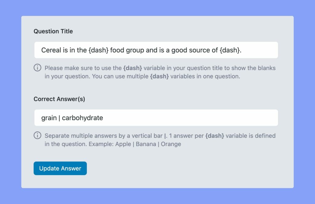 quiz builder fill in the blanks question2